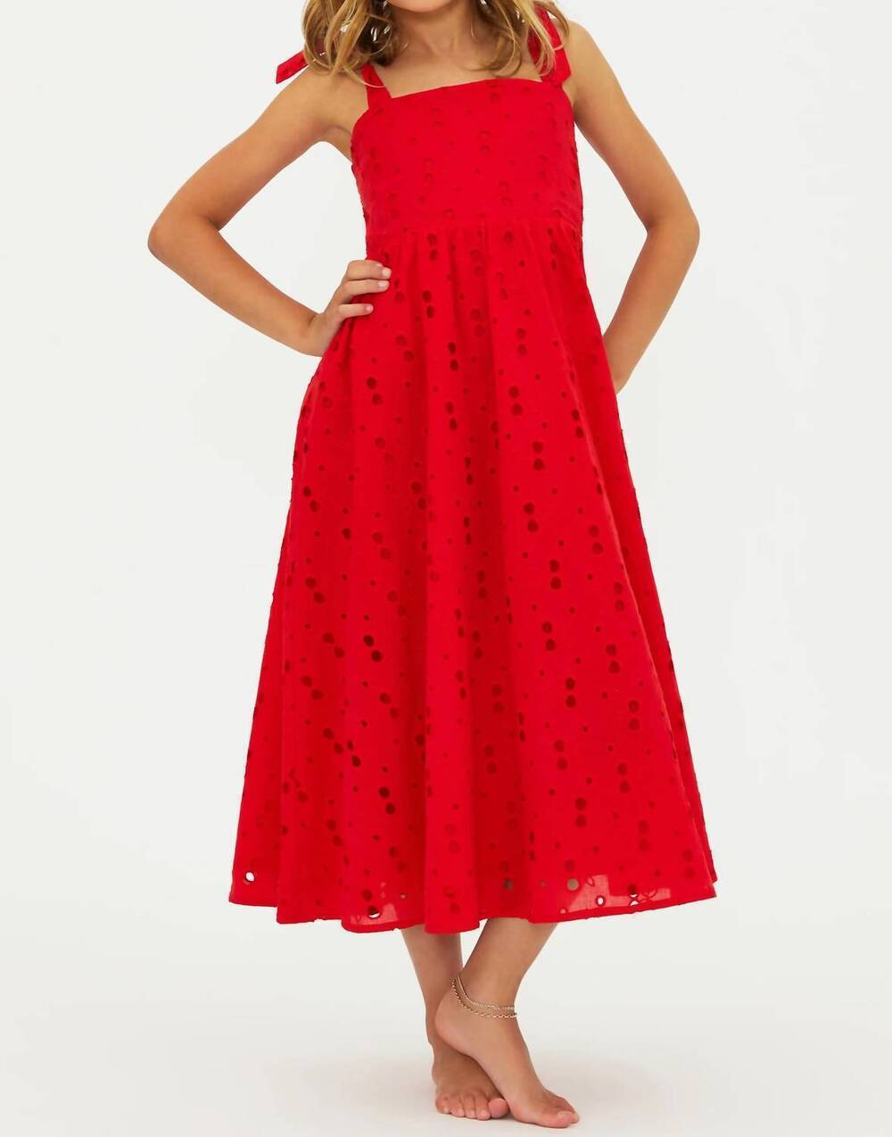 NEW BEACH RIOT eyelet little charlotte dress in cherry red